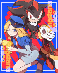 Rule 34 | 1boy, 1girl, 6v6 1212, blonde hair, blue eyes, blue footwear, furry, furry male, gloves, hat, highres, looking at another, looking at viewer, maria robotnik, necktie, one eye closed, police hat, red eyes, shadow the hedgehog, sonic (series), star (symbol), sweat, toy gun, white gloves