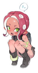 Rule 34 | 1girl, agent 8 (splatoon), backpack, bag, black footwear, black shirt, black skirt, blush, boots, brown hair, crop top, fang, flying sweatdrops, forehead, green eyes, hands on own knees, high heel boots, high heels, knee boots, knees up, long hair, long sleeves, looking at viewer, midriff, navel, nintendo, octoling, octoling girl, octoling player character, open mouth, parted bangs, shirt, sitting, skirt, solo, splatoon (series), splatoon 2, splatoon 2: octo expansion, spoken flying sweatdrops, tentacle hair, ter (otokoter), thigh strap, v-shaped eyebrows