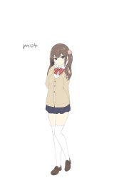Rule 34 | 1girl, arm behind back, blush, bow, brown hair, brown jacket, flat color, full body, hair ornament, hand up, highres, jacket, kouhai shoujo, long hair, looking at viewer, penny loafers, red bow, school uniform, sidelocks, simple background, skirt, solo, standing, super nagoyaka, thighhighs, twintails, white background, white thighhighs, yayoi (kouhai shoujo)