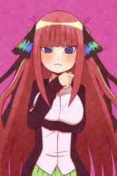 Rule 34 | &gt;:(, arm under breasts, arm up, bear ringer, black cardigan, black ribbon, blue eyes, blunt bangs, blush, breasts, butterfly hair ornament, cardigan, frown, go-toubun no hanayome, green skirt, hair ornament, highres, hime cut, large breasts, long hair, looking at viewer, nakano nino, open cardigan, open clothes, pink background, pink hair, ribbon, shirt, simple background, skirt, sleeves past wrists, solo, twintails, v-shaped eyebrows, white shirt
