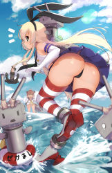 Rule 34 | 10s, 2girls, ass, black panties, blonde hair, brown eyes, brown hair, cameltoe, dress, elbow gloves, from behind, gloves, hairband, highres, huge ass, kantai collection, lifebuoy, long hair, magister, microskirt, multiple girls, panties, pleated skirt, rensouhou-chan, sailor dress, shimakaze (kancolle), short hair, skirt, solo focus, striped clothes, striped legwear, striped thighhighs, swim ring, thick thighs, thighhighs, thighs, thong, underwear, white gloves, yukikaze (kancolle)