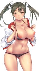 Rule 34 | 10s, 1girl, alternate breast size, bikini, black bikini, blush, breasts, breasts out, cleavage, clenched hands, collarbone, forearms at chest, gluteal fold, green eyes, grey hair, kantai collection, large breasts, long hair, looking at viewer, navel, nipples, puffy nipples, simple background, solo, standing, sweat, swimsuit, twintails, untue, white background, zuikaku (kancolle)