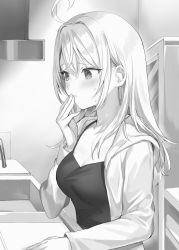Rule 34 | 1girl, absurdres, ahoge, alisa mikhailovna kujou, black camisole, blush, breasts, camisole, cleavage, closed mouth, collarbone, commentary request, faucet, hair over breasts, hair over shoulder, hand on own face, hand on table, highres, hood, hoodie, kitchen, kitchen hood, long hair, long sleeves, looking afar, medium breasts, momoko (momopoco), monochrome, novel illustration, official art, open clothes, open hoodie, refrigerator, shirt, sink, sleeveless, sleeveless shirt, solo, sweatdrop, tokidoki bosotto roshia-go de dereru tonari no arya-san, ventilation shaft, white hair, white hoodie, worried