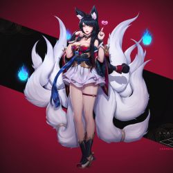 Rule 34 | 1girl, ahri (league of legends), animal ear fluff, animal ears, bare shoulders, black hair, blue nails, boots, breasts, character name, cleavage, collarbone, commentary, english commentary, facial mark, finger to own chin, fingernails, fox ears, fox tail, full body, heart, high heel boots, high heels, highres, hitodama, league of legends, long fingernails, long hair, looking at viewer, medium breasts, multiple tails, nail polish, simple background, solo, standing, tail, tsurime, vastaya, whisker markings, zeronis