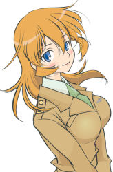 Rule 34 | 00s, 1girl, blue eyes, blush, breasts, brown hair, charlotte e. yeager, hair between eyes, head tilt, light smile, long hair, looking at viewer, military, military uniform, necktie, orange hair, simple background, smile, solo, strike witches, uniform, upper body, white background, world witches series