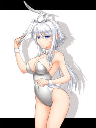 Rule 34 | 1girl, ahoge, animal ears, bare legs, blue eyes, bow, bowtie, detached collar, duel monster, fake animal ears, long hair, milla the temporal magician, mira the eternal magician, pataneet, playboy bunny, rabbit ears, rabbit tail, solo, tail, white hair, wrist cuffs, yu-gi-oh!, yu-gi-oh! duel monsters