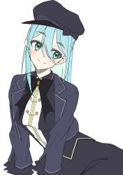 Rule 34 | 1girl, black bow, black bowtie, black hat, black skirt, blue hair, blue jacket, bow, bowtie, buttons, closed mouth, colored inner hair, double-breasted, e sky rugo, green eyes, hat, hat bow, head tilt, highres, jacket, long hair, long sleeves, multicolored hair, original, simple background, sitting, skirt, smile, solo, white background