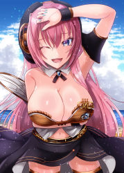 Rule 34 | 1girl, ;), absurdres, armlet, blue eyes, breasts, clothing cutout, detached collar, dress, fuyuki jun, hand up, highres, large breasts, long hair, megurine luka, megurine luka (vocaloid4), one eye closed, outdoors, pink hair, smile, solo, stomach cutout, vocaloid, wrist cuffs