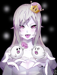 Rule 34 | 1girl, artist name, black background, black sclera, boo (mario), breasts, brown hair, cleavage, collarbone, colored sclera, commentary request, cosplay, crown, doromame, fangs, flower, gloves, holding, holding flower, large breasts, long hair, looking at another, luigi&#039;s mansion, mario (series), mini crown, nakiri erina, nintendo, pale skin, pink eyes, pink flower, princess king boo, princess king boo (cosplay), puffy short sleeves, puffy sleeves, purple eyes, scar, shokugeki no souma, short sleeves, super crown, tongue, tongue out, white gloves
