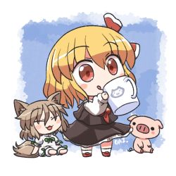 Rule 34 | 2girls, animal, animal ears, ascot, barefoot, black skirt, black vest, blonde hair, closed mouth, collared shirt, cup, closed eyes, fox ears, fox tail, hair between eyes, hair ribbon, holding, holding cup, kudamaki tsukasa, light brown hair, multiple girls, open mouth, pig, red ascot, red eyes, red footwear, red ribbon, ribbon, rokugou daisuke, romper, rumia, shirt, shoes, short hair, short sleeves, signature, skirt, smile, tail, tongue, tongue out, touhou, vest, white romper, white shirt