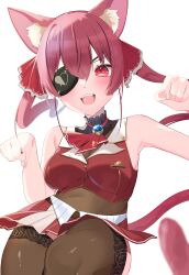 Rule 34 | 1girl, absurdres, animal ears, bare shoulders, cat ears, heterochromia, highres, hololive, houshou marine, open mouth, patch, red eyes, red hair, short twintails, sleeveless, smile, solo, tachibana shiro, twintails, virtual youtuber