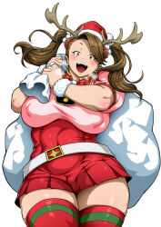 1girl antlers belt blush breasts brown_eyes brown_hair christmas commentary_request covered_erect_nipples cowboy_shot dress gundam gundam_build_fighters gundam_build_fighters_try hat highres holding holding_sack horns jun_(rojiura_jack) large_breasts long_hair looking_at_viewer open_mouth paid_reward_available plump red_dress sack santa_hat sazaki_kaoruko short_sleeves simple_background solo teeth thick_thighs thighhighs thighs twintails upper_teeth_only white_background zettai_ryouiki