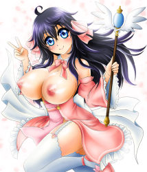 Rule 34 | 10s, 1girl, ahoge, blue eyes, blush, bow, breasts, cleavage, cleric, detached collar, detached sleeves, frills, highres, holding, large breasts, long hair, looking at viewer, netoge no yome wa onna no ko janai to omotta?, nipples, ribbon, sevie, shoes, skirt, smile, solo, staff, tamaki ako, thighhighs, two side up, white thighhighs