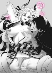 Rule 34 | 1boy, 1girl, ahoge, bar censor, blush, breast sucking, breasts, breasts apart, censored, cleavage, clothing aside, fundoshi, fundoshi aside, hetero, highres, huge breasts, japanese clothes, large breasts, licking breast, licking nipple, long hair, monkey d. luffy, nipple stimulation, nipples, one piece, open clothes, open mouth, penis, pussy, sex, smile, tagme, vaginal, yamato (one piece)