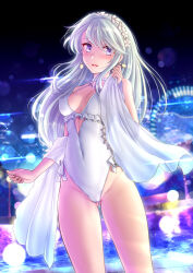 Rule 34 | 1girl, breasts, cameltoe, cleavage, covered erect nipples, highleg, highleg swimsuit, kantai collection, medium breasts, night, one-piece swimsuit, purple hair, sagiri (kancolle), solo, swimsuit, white one-piece swimsuit
