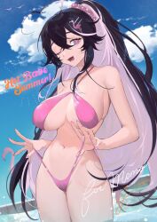 Rule 34 | absurdres, bikini, bikini pull, black hair, breasts, clothes pull, cloud, commentary, english commentary, hair between eyes, hair ornament, hairclip, highres, indie virtual youtuber, large breasts, looking at viewer, momote (vtuber), multicolored hair, one eye closed, open mouth, outdoors, partially submerged, sky, swimsuit, two-tone hair, virtual youtuber, water, white hair, yoimon