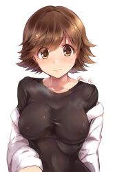 Rule 34 | 1girl, black footwear, blush, breasts, brown hair, collarbone, covered erect nipples, full-face blush, highres, honda mio, idolmaster, idolmaster cinderella girls, looking at viewer, medium breasts, no bra, pao lily game, shirt, short hair, simple background, solo, steam, steaming body, taut clothes, taut shirt, twitter username, upper body, white background, white shirt