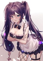 Rule 34 | 1girl, 1yu x, alternate costume, apron, arm under breasts, bare shoulders, blush, bow, breasts, cleavage, contrapposto, detached collar, earrings, enmaided, fishnets, full-face blush, garter straps, genshin impact, gradient background, grey background, highres, jewelry, leaning forward, long hair, looking at viewer, maid, maid apron, maid headdress, mona (genshin impact), open mouth, simple background, solo, star (symbol), star earrings, thigh strap, twintails, waist apron, white background