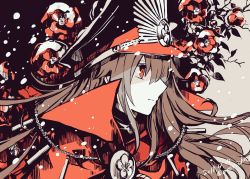 Rule 34 | 1girl, brown hair, closed mouth, commentary request, dated, fate (series), flower, from side, hat, high collar, koha-ace, oda nobunaga (fate), oda nobunaga (koha-ace), peaked cap, profile, red eyes, red flower, red rose, rioka (southern blue sky), rose, snow, solo, twitter username, upper body