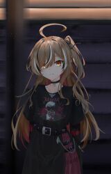 Rule 34 | absurdres, ahoge, belt, belt chain, black choker, black shirt, black skirt, black sweater, blurry, blurry background, brown eyes, brown hair, chain necklace, choker, colored inner hair, emo fashion, hair over one eye, heart, heart choker, highres, hololive, hololive english, huge ahoge, jewelry, lace-trimmed choker, lace trim, looking at viewer, multicolored hair, namiyaahm, nanashi mumei, nanashi mumei (emo), necklace, nightmare (nanashi mumei), official alternate costume, official alternate hairstyle, one side up, plaid, plaid skirt, pleated skirt, red skirt, red sweater, shirt, skirt, streaked hair, striped clothes, striped sweater, sweater, sweater under shirt, t-shirt, two-tone sweater, virtual youtuber