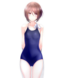 Rule 34 | 1girl, blush, breasts, looking at viewer, princess connect!, purple eyes, roaru (gyuren), school swimsuit, shiori (princess connect!), short hair, small breasts, smile, swimsuit