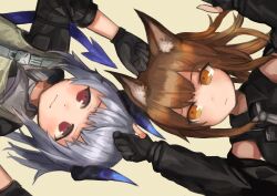 Rule 34 | 2girls, absurdres, animal ears, arknights, arm up, black gloves, black horns, black jacket, black shirt, brown hair, buchi0122, closed mouth, collared shirt, eyes visible through hair, fox ears, fox girl, franka (arknights), gloves, grey hair, hand on another&#039;s head, highres, horns, jacket, light blush, light smile, liskarm (arknights), long hair, long sleeves, looking at another, looking to the side, multiple girls, off shoulder, orange eyes, partially fingerless gloves, purple horns, red eyes, shirt, sideways glance, simple background, sleeveless, sleeveless shirt, tactical clothes, yellow background