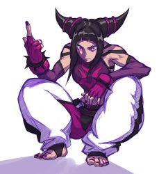 Rule 34 | 1girl, angry, baggy pants, bare shoulders, barefoot, black hair, chinese clothes, detached sleeves, dudou, feet, fingerless gloves, full body, gloves, han juri, liyart, middle finger, midriff, nail polish, pants, purple eyes, short twintails, squatting, street fighter, street fighter iv (series), toeless legwear, toenail polish, toenails, toes, twintails