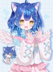 Rule 34 | 1girl, :d, absurdres, ahoge, amamiya kokoro, animal ear fluff, animal ears, blue background, blue hair, blue jacket, blush, braid, cat ears, chibi, chibi inset, commentary, extra ears, fang, feathered wings, fuinagi (huyuu mm), grid background, hair ornament, hands up, heart, heart hair ornament, heart hands, highres, holding, holding heart, jacket, long sleeves, looking at viewer, multicolored clothes, multicolored jacket, nijisanji, open mouth, pink jacket, pink skirt, sidelocks, simple background, skin fang, skirt, smile, star (symbol), symbol-only commentary, upper body, virtual youtuber, white jacket, white wings, wings, x hair ornament, yellow eyes, zipper