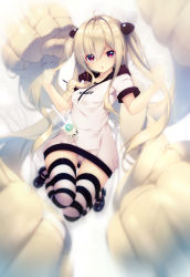 Rule 34 | 1girl, :o, blonde hair, clenched hands, cup, drinking straw, full body, hair between eyes, highres, hood, hoodie, konjiki no yami, long hair, looking at viewer, motion blur, panties, pantyshot, prehensile hair, red eyes, shokuyou mogura, solo, striped clothes, striped thighhighs, thighhighs, to love-ru, underwear, v-shaped eyebrows, very long hair