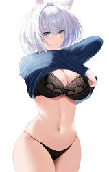 Rule 34 | 1girl, animal ears, arms up, azur lane, black bra, black panties, blue eyes, blue sweater, blunt bangs, boots, bra, breasts, cleavage, closed mouth, clothes lift, cowboy shot, curvy, expressionless, fox ears, highres, kaga (azur lane), lace, lace-trimmed bra, lace trim, large breasts, lifted by self, long sleeves, looking at viewer, panties, short hair, silver hair, simple background, skindentation, solo, stomach, sweater, sweater lift, thick thighs, thighs, underwear, undressing, white background, wide hips, xi ying