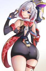 Rule 34 | 1girl, absurdres, ass, bare shoulders, blue eyes, blush, breasts, detached sleeves, from behind, gloves, grin, highres, honkai: star rail, honkai (series), leotard, looking at viewer, looking back, medium breasts, multicolored hair, numby (honkai: star rail), patomu, red hair, short hair, short shorts, shorts, sideboob, smile, thick thighs, thigh strap, thighs, topaz (honkai: star rail), trotter (honkai: star rail), two-tone hair, white hair