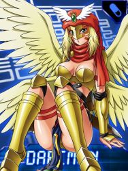 Rule 34 | 1girl, angel, arm guards, armor, blonde hair, boots, breastplate, breasts, darcmon, digimon, digimon (creature), digimon collectors, facial mark, female focus, green eyes, hat, helmet, knee guards, large breasts, loincloth, lowres, mask, monster girl, official art, panties, pantyshot, scarf, shin guards, solo, strap, tattoo, underwear, wings