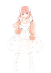 Rule 34 | 1girl, blue eyes, boots, breasts, cleavage, collarbone, commentary, dress, hand on own hip, head tilt, long hair, long sleeves, looking at viewer, lpip, maid headdress, medium breasts, megurine luka, pink hair, puffy long sleeves, puffy sleeves, see-through, sidelocks, simple background, sleeves past wrists, solo, standing, tareme, thigh boots, thighhighs, very long hair, vocaloid, white background, white dress, white footwear, zettai ryouiki
