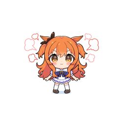 Rule 34 | 1girl, animal ears, blush, brown footwear, closed mouth, commentary, full body, hair between eyes, highres, horse ears, horse girl, horse tail, inuyama nanami, long hair, mayano top gun (umamusume), orange eyes, orange hair, pleated skirt, pout, puffy short sleeves, puffy sleeves, school uniform, shoes, short sleeves, simple background, skirt, solo, tail, thighhighs, tracen school uniform, two side up, umamusume, white background, white skirt, white thighhighs