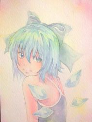 Rule 34 | 1girl, acrylic paint (medium), blue eyes, blue hair, bow, cirno, graphite (medium), hair bow, highres, ice, ice wings, lips, looking back, matching hair/eyes, one-piece swimsuit, painting (medium), school swimsuit, short hair, smile, solo, swimsuit, touhou, traditional media, watercolor (medium), wings, yuyu (00365676)