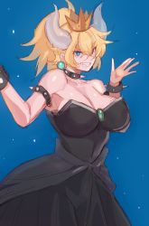 Rule 34 | 1girl, :d, armlet, bad id, bad pixiv id, bare shoulders, black dress, blonde hair, blue background, blue eyes, borrowed design, bowsette, bracelet, breasts, cleavage, collar, crown, d kake2, dress, earrings, fang, female focus, gem, grin, hands up, highres, horns, jewelry, large breasts, looking at viewer, mario (series), naughty face, new super mario bros. u deluxe, nintendo, open mouth, ponytail, shrugging, simple background, sketch, smile, smirk, solo, spiked armlet, spiked bracelet, spiked collar, spikes, standing, super crown
