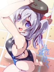 Rule 34 | 10s, 1girl, 2016, ass, blue eyes, competition swimsuit, dated, from above, from behind, hat, kantai collection, kashima (kancolle), long hair, miuku (marine sapphire), one-piece swimsuit, silver hair, solo, swimsuit, twintails