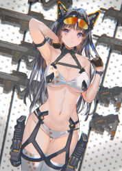 Rule 34 | 1girl, arm up, armpits, bikini, black gloves, black hair, blush, breasts, cleavage, commentary request, cowboy shot, eyewear on head, glasses, gloves, groin, gun, highres, large breasts, long hair, looking at viewer, machine gun, machine pistol, navel, open mouth, original, purple eyes, ran&#039;ou (tamago no kimi), rifle, solo, standing, stomach, swimsuit, thigh strap, thighhighs, very long hair, weapon, white thighhighs