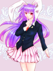Rule 34 | 1girl, animal ears, cowboy shot, crescent, finger to cheek, gradient background, jacket, kanan hubuki, lace background, light smile, long hair, long sleeves, looking at viewer, necktie, pleated skirt, purple hair, rabbit ears, red eyes, reisen udongein inaba, skirt, solo, suit jacket, touhou, wind