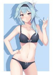 Rule 34 | 1girl, arm up, black bra, black hairband, black panties, blue background, blue hair, blush, bow, bow bra, bow panties, bra, breasts, cleavage, collarbone, commentary request, eula (genshin impact), feet out of frame, genshin impact, hairband, hand on own hip, highres, mednavel, outside border, panties, rei (09991), sidelocks, silhouette, simple background, solo, standing, stomach, thighs, underwear, underwear only, yellow eyes