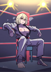 Rule 34 | 1girl, amazu (kurozu), blonde hair, blood, blood on clothes, blood on face, boxing ring, breasts, breasts out, collarbone, commentary, commission, dougi, english commentary, eyebrows hidden by hair, foot wraps, full body, hair between eyes, hand wraps, heavy breathing, highres, karate gi, medium breasts, nipples, original, red eyes, signature, sitting, solo, spotlight, stool, thick eyebrows