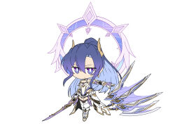 Rule 34 | bare shoulders, blue hair, boots, breasts, character request, chibi, closed mouth, commentary request, gloves, hair between eyes, holding, holding sword, holding weapon, honkai (series), honkai impact 3rd, leotard, long hair, medium breasts, nabeiro kin, parted bangs, ponytail, purple eyes, senki zesshou symphogear, simple background, sword, thighhighs, thighhighs under boots, v-shaped eyebrows, very long hair, weapon, white background, white footwear, white gloves, white leotard, white thighhighs