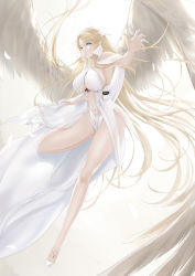 Rule 34 | 1girl, absurdres, angel wings, azur lane, blonde hair, blue eyes, breasts, brest (azur lane), cleavage, highres, large breasts, leotard, long hair, navel, pointy ears, revealing clothes, shigatsu (4gate), solo, thighs, white footwear, white leotard, wings
