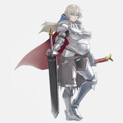 Rule 34 | 1girl, armor, boobplate, bow, breastplate, breasts, cape, commentary request, full body, grey background, grey hair, hair bow, hand on hilt, heel up, impossible armor, impossible clothes, large breasts, long hair, looking at viewer, mikoyan, original, pregnant, simple background, sketch, solo, standing, sword, weapon