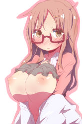 Rule 34 | 1girl, angry, black bra, blush, bra, bra lift, breasts squeezed together, breasts, breasts out, brown eyes, brown hair, female focus, glasses, highres, large breasts, long hair, messy hair, nekokan-nekokan, nipples, open clothes, original, puffy nipples, simple background, small nipples, solo, underwear, upper body