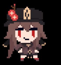 Rule 34 | 1girl, animated, animated gif, brown hair, chibi, chinese commentary, commentary request, flower, genshin impact, hair between eyes, hat, hat flower, helltaker, helltaker dance, hu tao (genshin impact), jitome, looping animation, lowres, pawamo power, pixel art, plum blossoms, ponytail, porkpie hat, red eyes, smirk, solo, standing, talisman, tassel, transparent background, twintails, | |