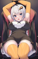 Rule 34 | 1girl, ahoge, arms up, b.c, blue eyes, blush, braid, breasts, chair, commentary request, gaming chair, gloves, grey hair, hair ornament, highres, kizuna akari, large breasts, long hair, open mouth, orange gloves, orange thighhighs, pantyhose, sitting, solo, striped clothes, striped gloves, striped pantyhose, swivel chair, thighhighs, twin braids, vertical-striped clothes, vertical-striped gloves, vertical-striped pantyhose, very long hair, voiceroid