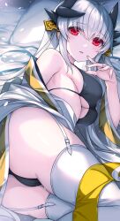Rule 34 | 1girl, bare shoulders, bikini, black bikini, blush, breasts, commentary request, dragon girl, dragon horns, fate/grand order, fate (series), garter straps, hair ornament, highres, horns, jewelry, kiyohime (fate), large breasts, long hair, long sleeves, looking at viewer, lying, morizono shiki, off shoulder, on side, parted lips, red eyes, ring, smile, swimsuit, thighhighs, thighs, white garter straps, white hair, white thighhighs