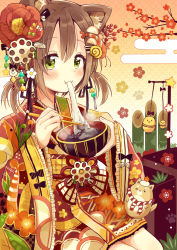 Rule 34 | 1girl, :3, absurdres, animal ears, bamboo, bow, bowl, brown hair, camellia, chopsticks, commentary request, eating, flower, frilled skirt, frills, green eyes, hair bow, hair flower, hair ornament, hair ribbon, hairclip, hairpin, highres, holding, holding bowl, japanese clothes, kimono, looking at viewer, nengajou, new year, obi, original, osechi, ribbon, sakura oriko, sash, shiba inu, shrimp hair ornament, sitting, skirt, solo, star (symbol), twintails, wide sleeves, zouni soup