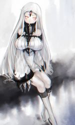 Rule 34 | 10s, 1girl, abyssal ship, albino, bad id, bad pixiv id, boots, breasts, claws, detached sleeves, dress, eiri (gb-delta), highres, horns, kantai collection, large breasts, long hair, pale skin, red eyes, ribbed dress, ribbed sweater, seaport princess, short dress, single horn, sitting, solo, souseki556, sweater, sweater dress, very long hair, white hair